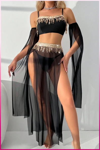 Kadın 3'lü Transparan Gösterişli Takım,Payetli Büstiyer, Yüksek Bel Slip & Uzun Şifon Etek - 6