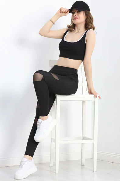 Tül Detaylı Dalgıç Tayt Siyah - 2