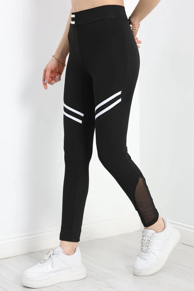 Şeritli Tül Detaylı Dalgıç Tayt Siyah - 3