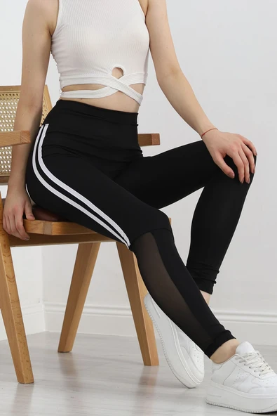 Paça Tül Şeritli Dalgıç Tayt Siyah - 3
