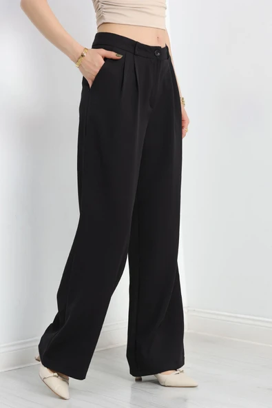 Pileli Palazzo Pantolon Siyah - 5