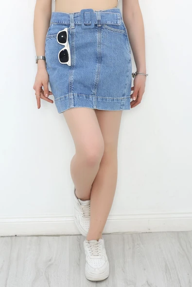 Kemer Detaylı Kot Etek Mavi - Resim 7