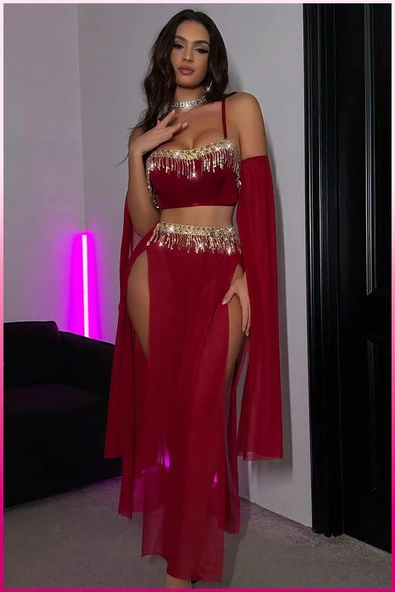 Kadın 3'lü Transparan Gösterişli Takım,Payetli Büstiyer, Yüksek Bel Slip & Uzun Şifon Etek - 3