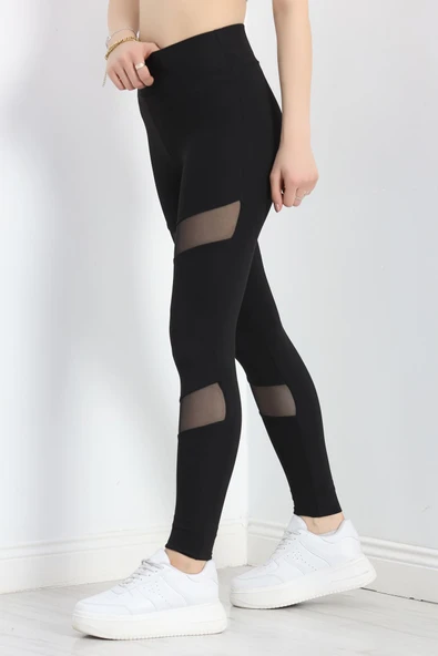 Dalgıç Kumaş Tül Detaylı Yüksekbel Tayt Siyah ürün görseli