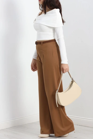 Kemerli Palazzo Pantolon Sütlükahve - Resim 4
