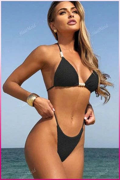 İncili Plaj Üçlü Set,Siyah Örgü Bikini Üstü , Yüksek Bel Yırtmaçlı Etek, Yazlık Tatil Takımı - 2