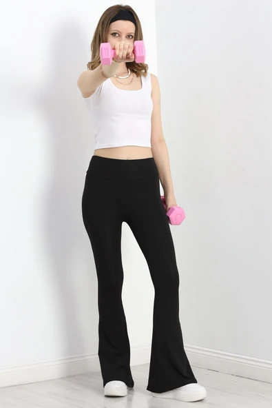 Geniş Kemer İspanyol Paça Dalgıç Tayt Siyah - 5