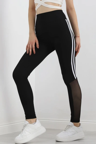Paça Tül Şeritli Dalgıç Tayt Siyah - 7