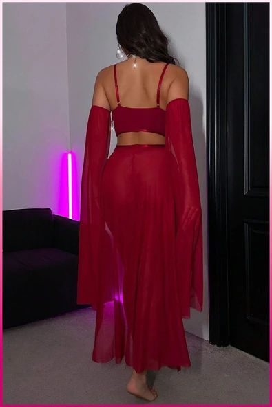 Kadın 3'lü Transparan Gösterişli Takım,Payetli Büstiyer, Yüksek Bel Slip & Uzun Şifon Etek - 2