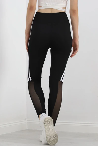 Paça Tül Şeritli Dalgıç Tayt Siyah - 6