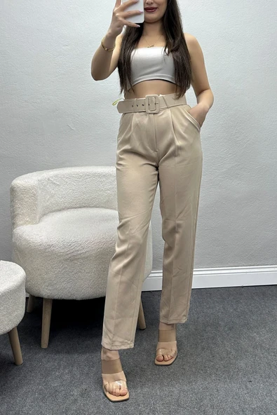 Kemerli Kumaş Pantolon Bej ürün görseli 1
