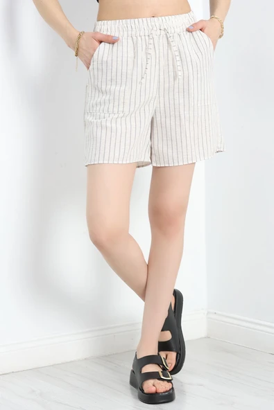 Keten Çizgili Şort Bejsiyah