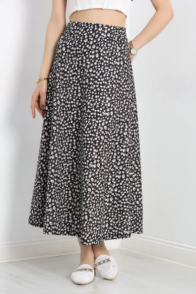 Desenli Midi Etek Siyahçiçek