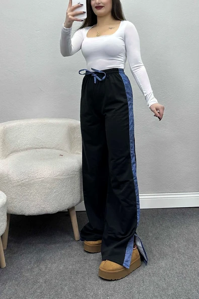 Kot Garnili Yırtmaçlı Eşofman Altı Siyah