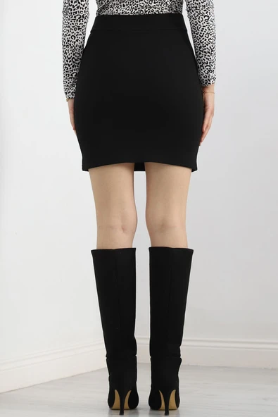Çift Yırtmaçlı Mini Etek Siyah - 8