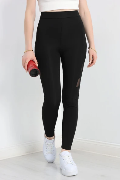 Tüllü Özel Dikişli Tayt Siyah