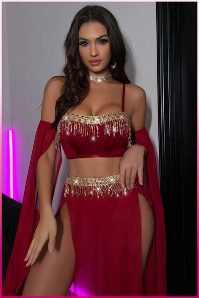 Kadın 3'lü Transparan Gösterişli Takım,Payetli Büstiyer, Yüksek Bel Slip & Uzun Şifon Etek - 4