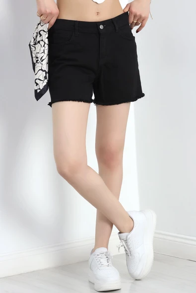 Püsküllü Kot Şort Siyah - Resim 2