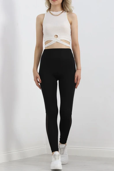 Paça Tül Şeritli Dalgıç Tayt Siyah - 5