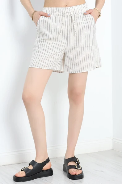 Keten Çizgili Şort Bejsiyah - 5