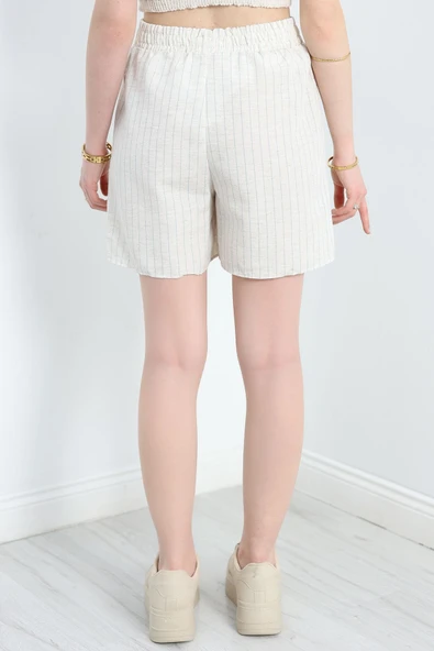 Keten Çizgili Şort Bejmint - 6