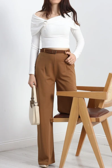 Kemerli Palazzo Pantolon Sütlükahve - Resim 7