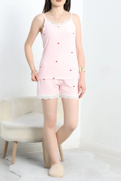 İp Askılı Dantelli Şort Takım Pembepuanlı - 2