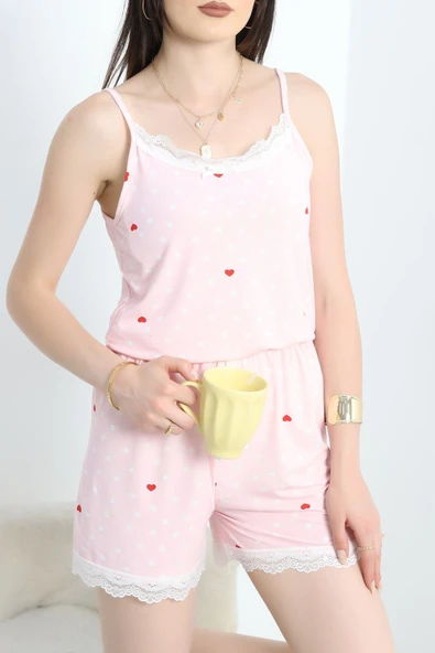 İp Askılı Dantelli Şort Takım Pembepuanlı - 3