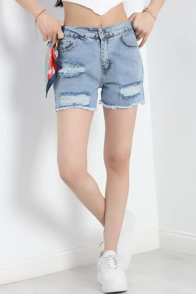 Püsküllü Kot Şort Buzmavi ürün görseli