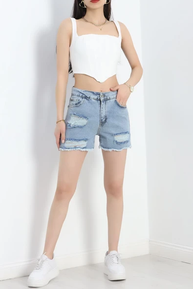 Püsküllü Kot Şort Buzmavi - Resim 4
