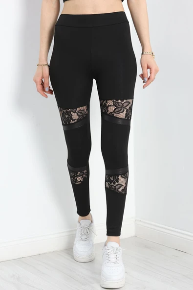 Dantel Detaylı Dalgıç Tayt Siyah