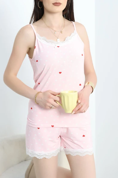 İp Askılı Dantelli Şort Takım Pembepuanlı