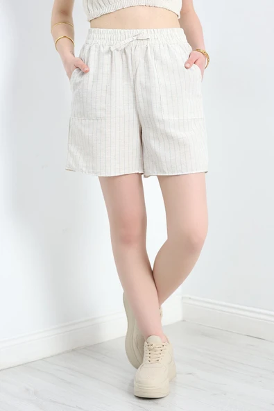Keten Çizgili Şort Bejmint