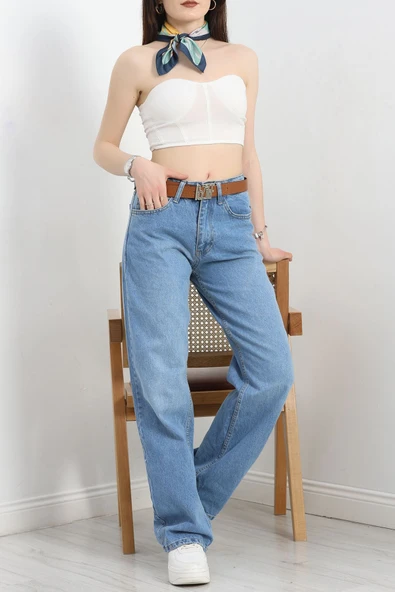 Kemerli Straight Kot Pantolon Açıkmavi - 4