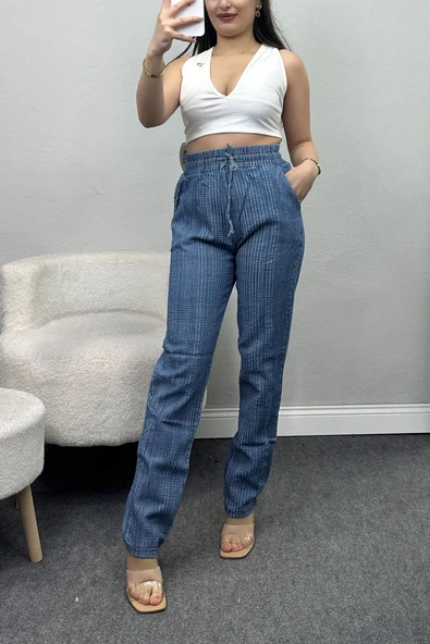 Tasarım Kumaş Lastikli Kot Pantolon Mavi