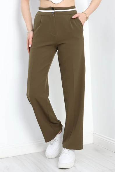 Tek Pile Ekstraforlu Palazzo Pantolon Haki - 2