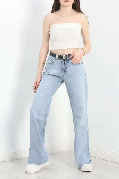 Paça Yırtmaçlı Kemerli Palazzo Kot Pantolon Açıkmavi - 5