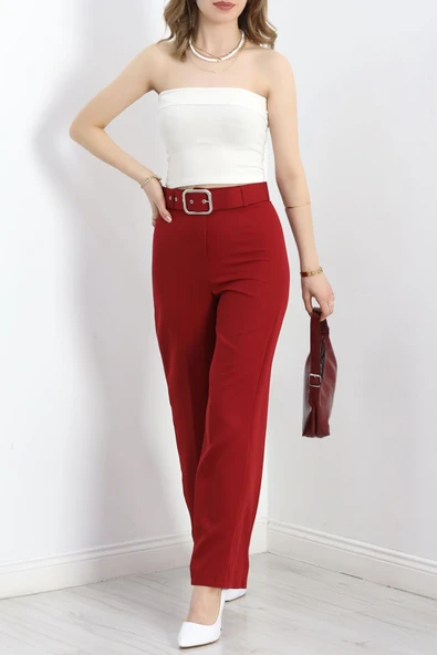 Kemerli Palazzo Pantolon Bordo - Resim 7