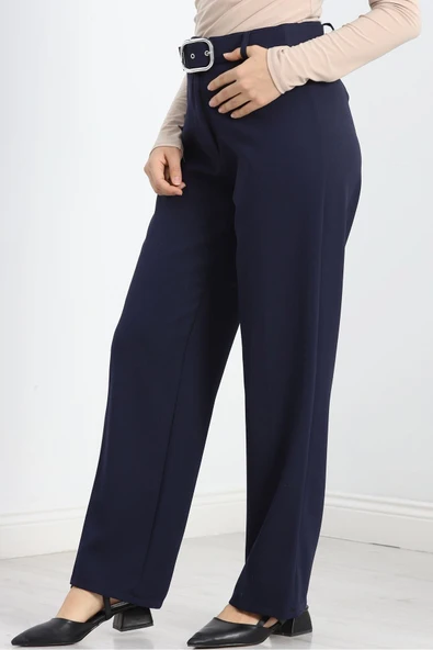 Double Kumaş Kemerli Bol Paça Pantolon Lacivert - 3