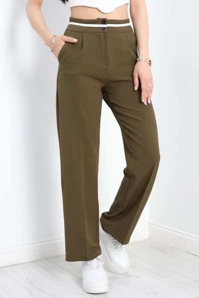 Tek Pile Ekstraforlu Palazzo Pantolon Haki - 4