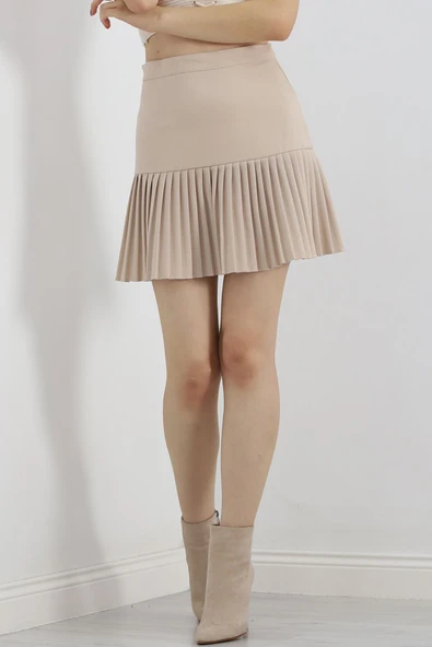 Pileli Mini Etek Bej - Resim 4