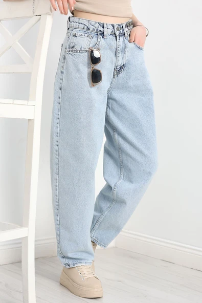 Leopar Detay Baggy Kot Pantolon Buzmavi - Resim 4