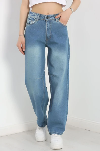 Pileli Baggy Kot Pantolon Açıkmavi