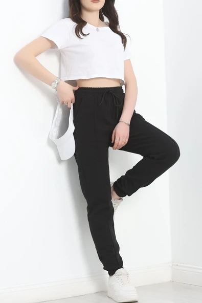 Double Face Kumaş Paça Lastikli Eşofman Altı Siyah - 5