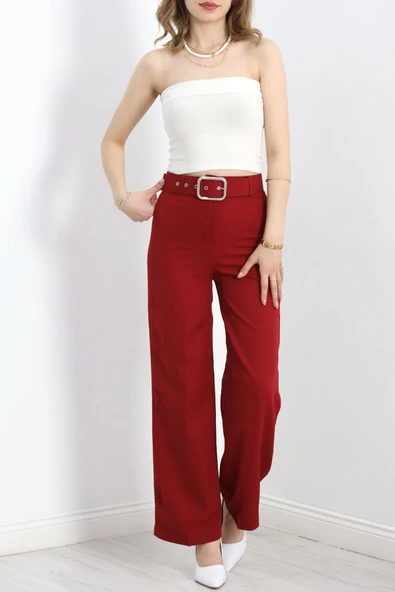 Kemerli Palazzo Pantolon Bordo - Resim 5