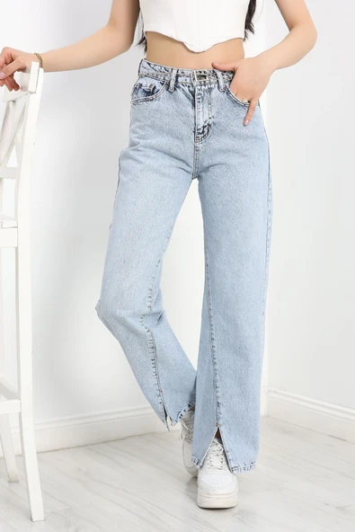 Yırtmaç Detaylı Palazzo Kot Pantolon Buzmavi - 4