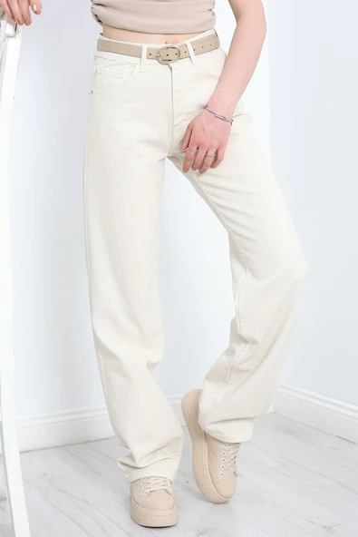 Straight Kesim Kot Pantolon Krem - 4