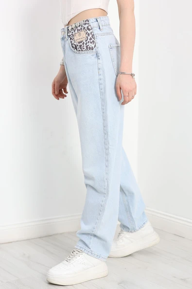 Leopar Detay Baggy Kot Pantolon Açıkmavi - Resim 2
