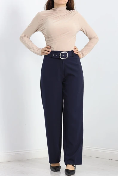 Double Kumaş Kemerli Bol Paça Pantolon Lacivert - 4