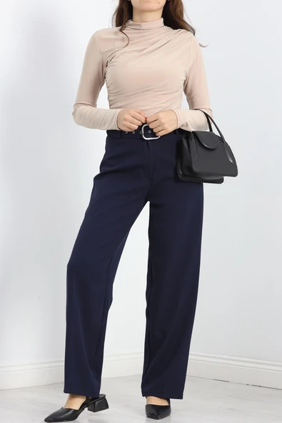 Double Kumaş Kemerli Bol Paça Pantolon Lacivert - 8